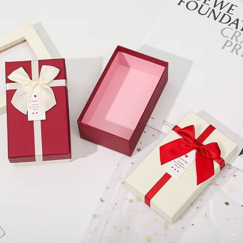 5pc, Luxury Red Beige Bow Tie Two Pieces Rigid Gift Box