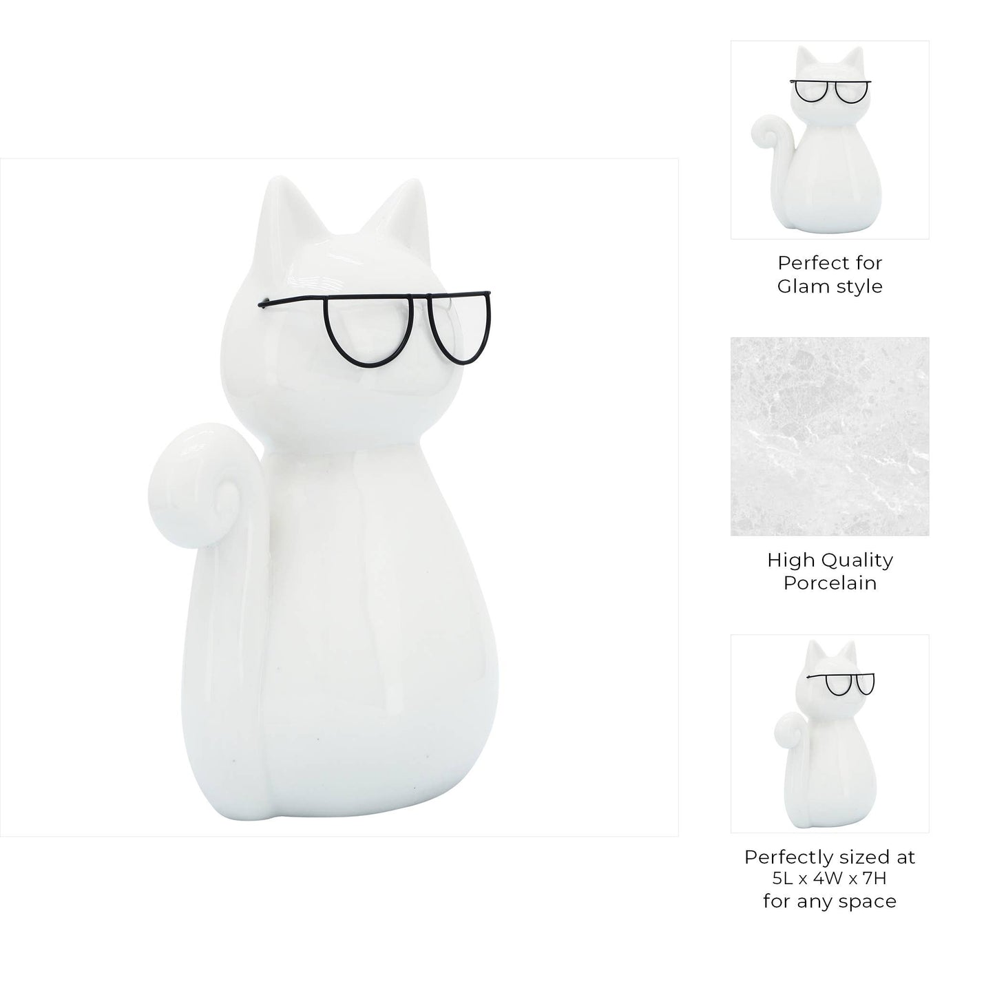 Porcelain Modern Cat with Glasses Figurine - White, 7 in.