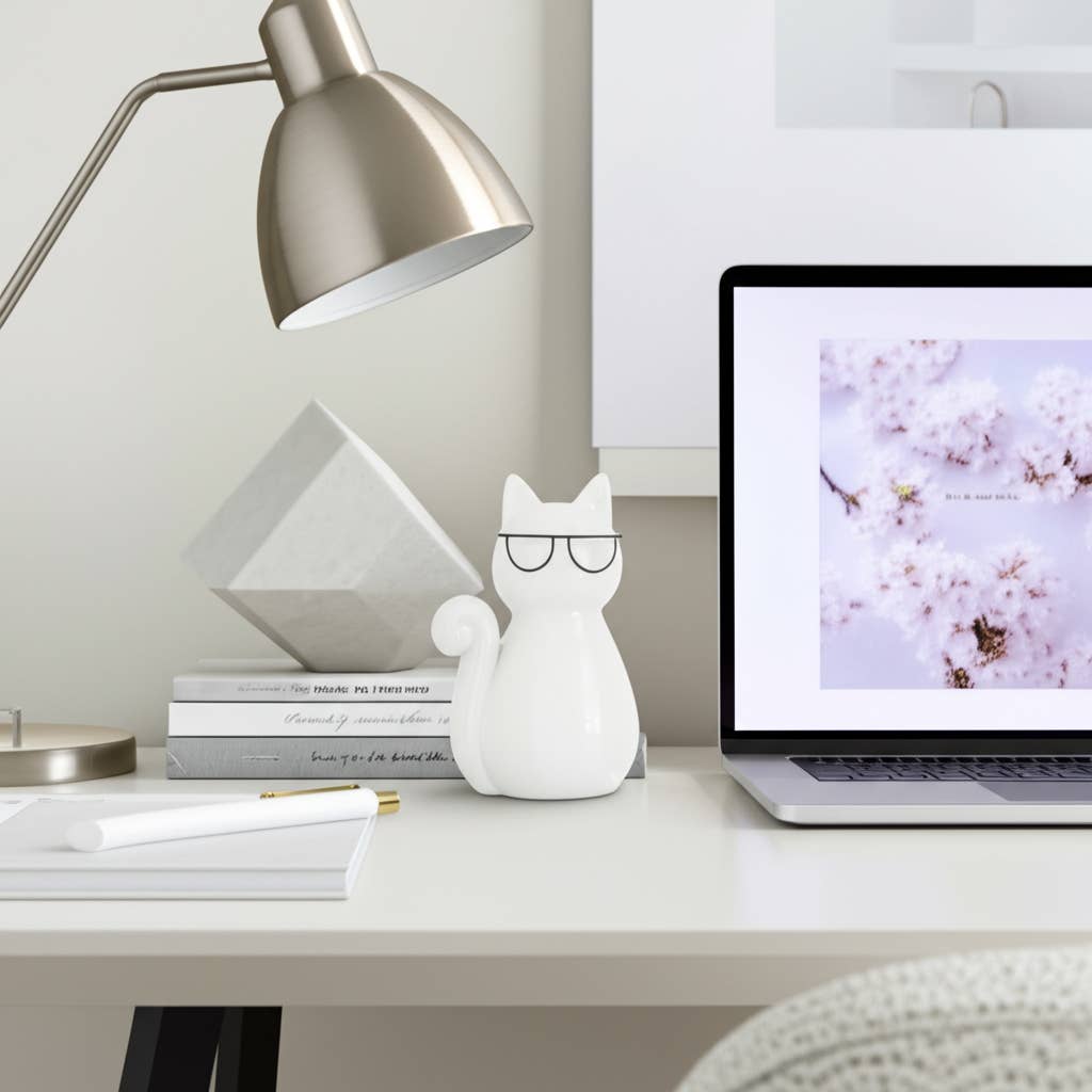 Porcelain Modern Cat with Glasses Figurine - White, 7 in.