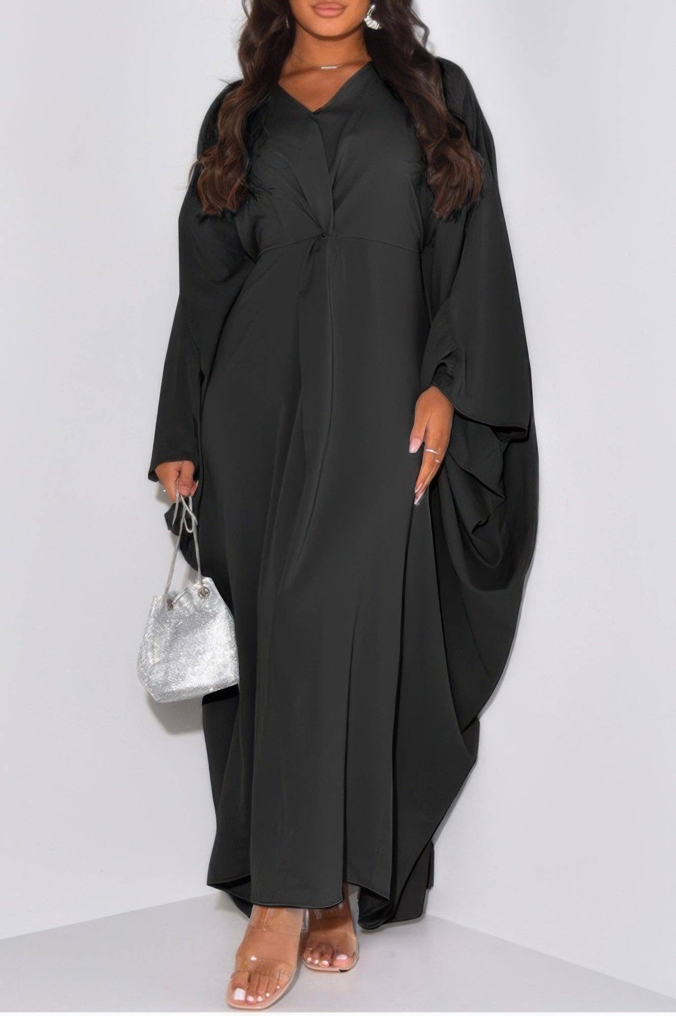 Plain V Neck Loose Fit Shift Maxi Dress