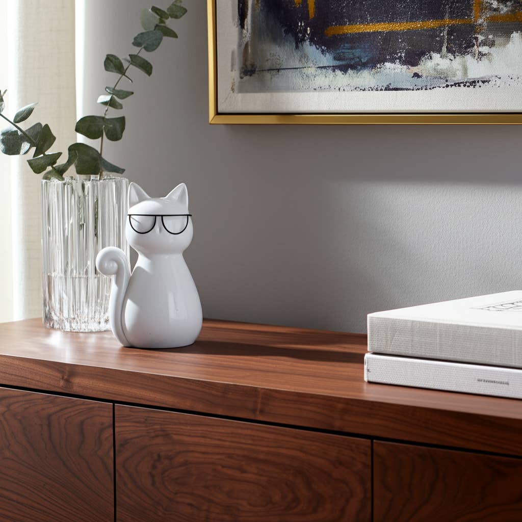 Porcelain Modern Cat with Glasses Figurine - White, 7 in.