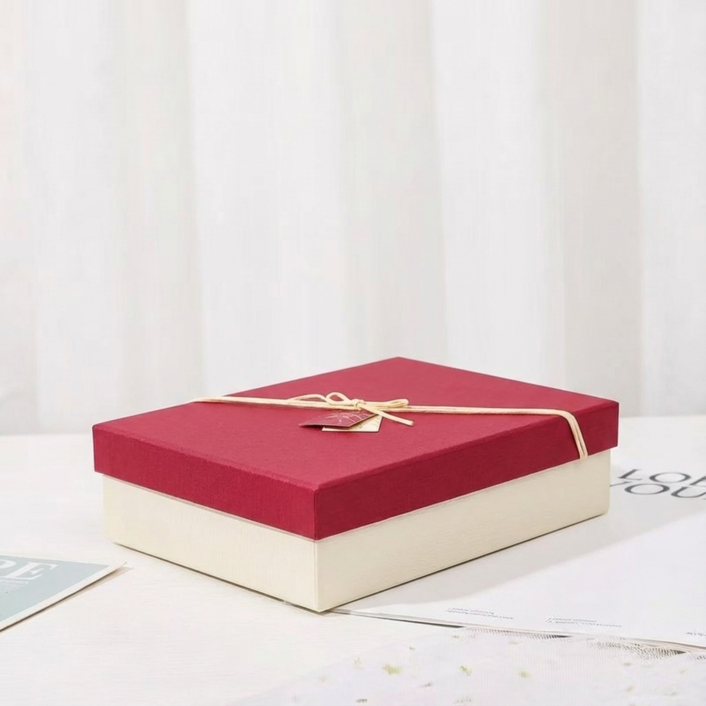 5pc, Red Beige Two-Piece Lid Rigid Gift Box w/ Tag