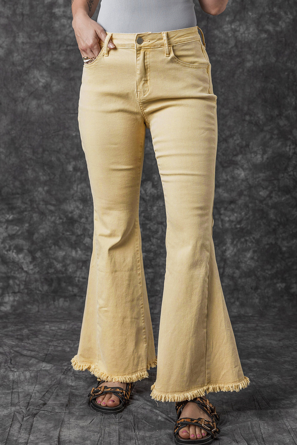 IN STORE & ONLINE Khaki Raw Edge Mid Waist Flared Jeans