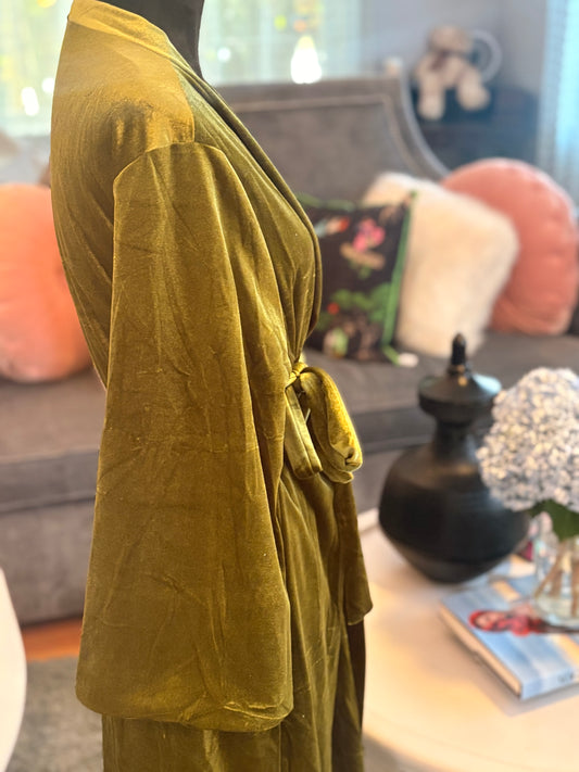 Velvet Long Belt Satin Printed Cardigan