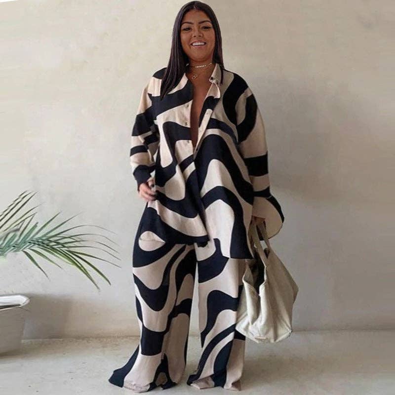 Chic Printed Loose-Fitting Long Sleeve Shirt and Straight Pants Set