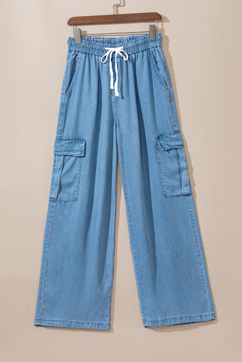 IN STORE & ON LINE Sky Blue Drawstring High Waist Cargo Pocket Wide Leg Jeans