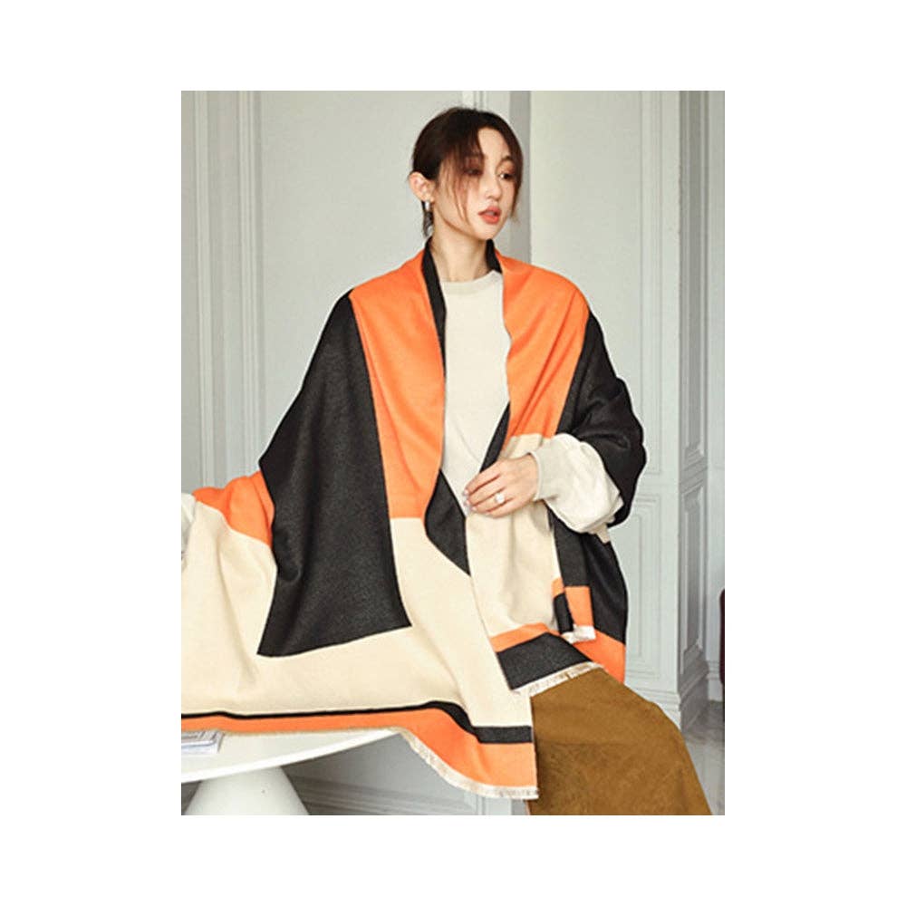 Soft Cashmere Blend Striped Shawl Scarf with Color Block Detail