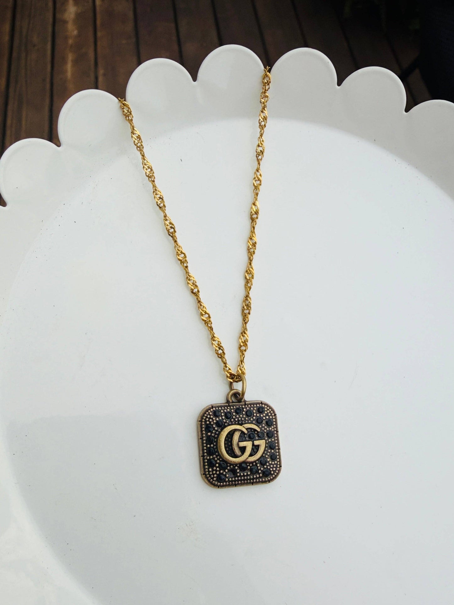 Upcycled Designer Pendant Necklace #132 - Black & Gold Square