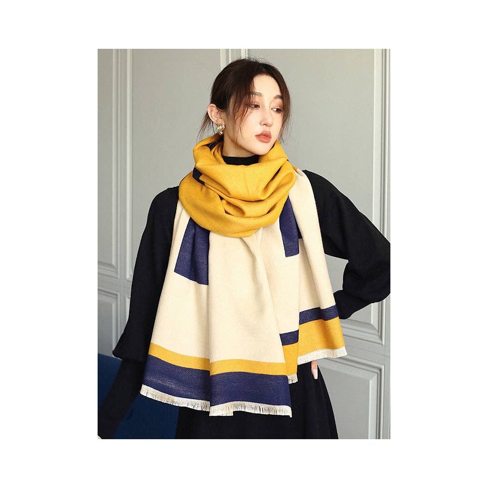 Soft Cashmere Blend Striped Shawl Scarf with Color Block Detail