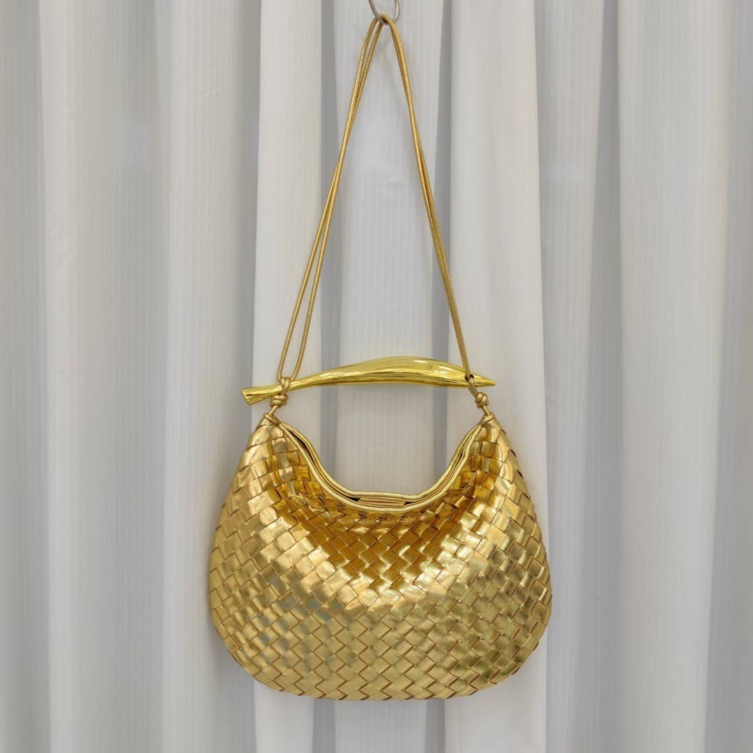 Woven handbag with Gold Metal Handle Bar