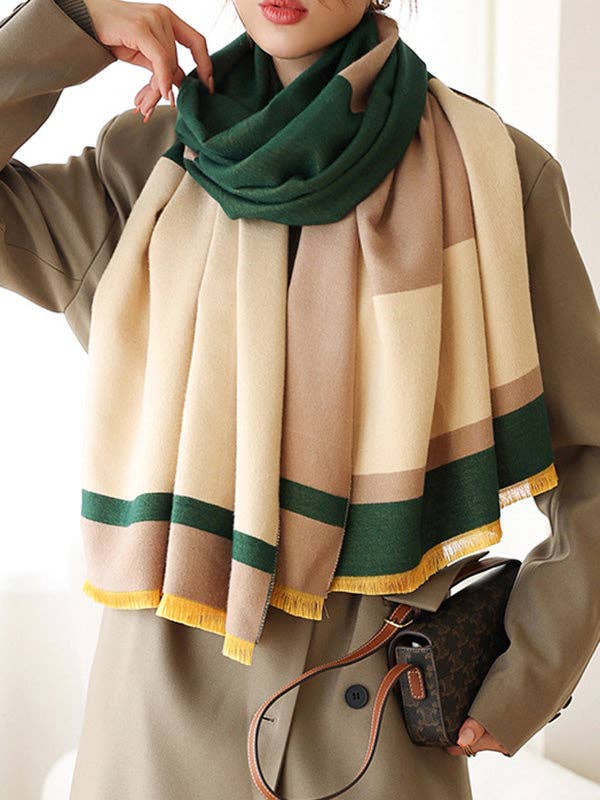 Soft Cashmere Blend Striped Shawl Scarf with Color Block Detail