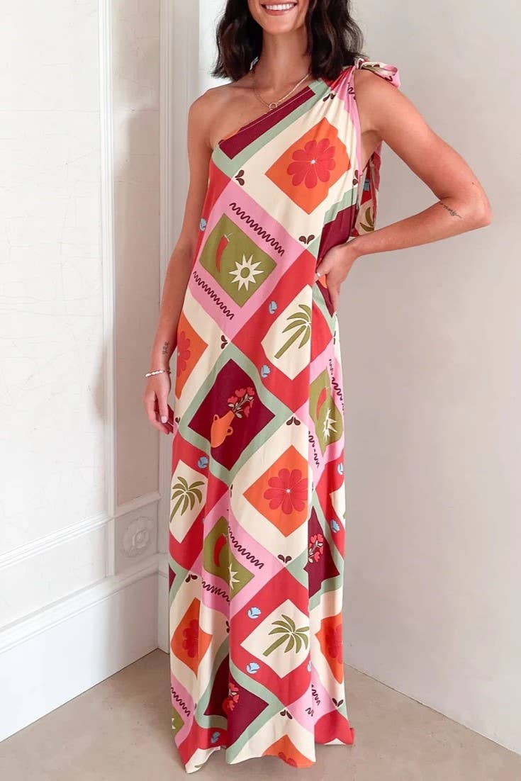 2025 Malia checkered Tropical tie straps one shoulder dress