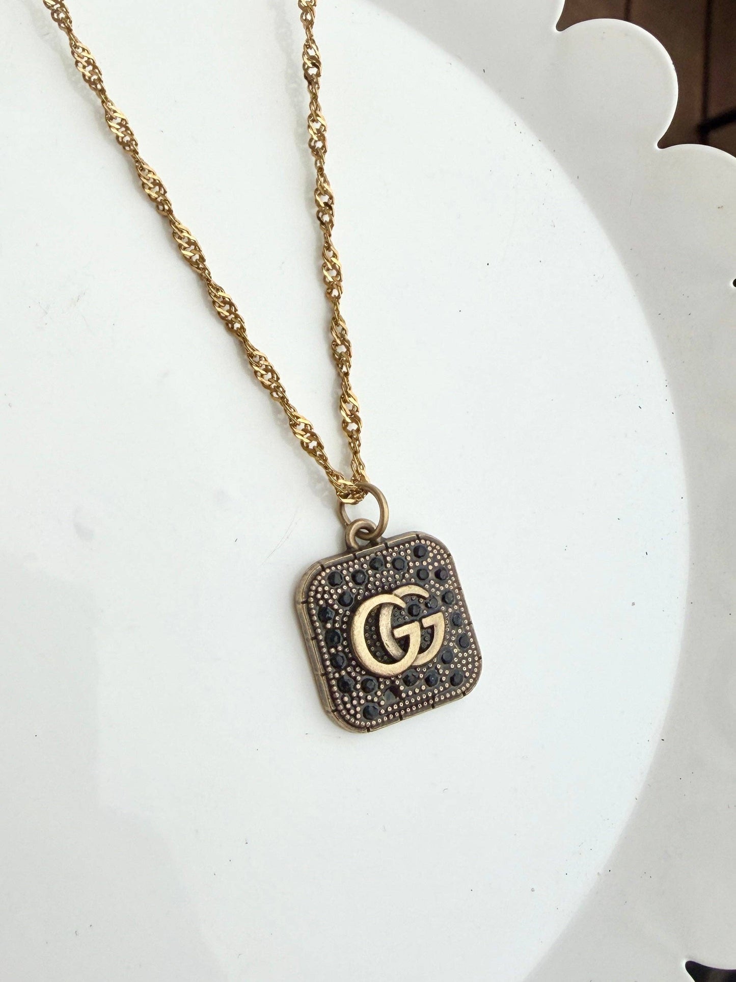 Upcycled Designer Pendant Necklace #132 - Black & Gold Square