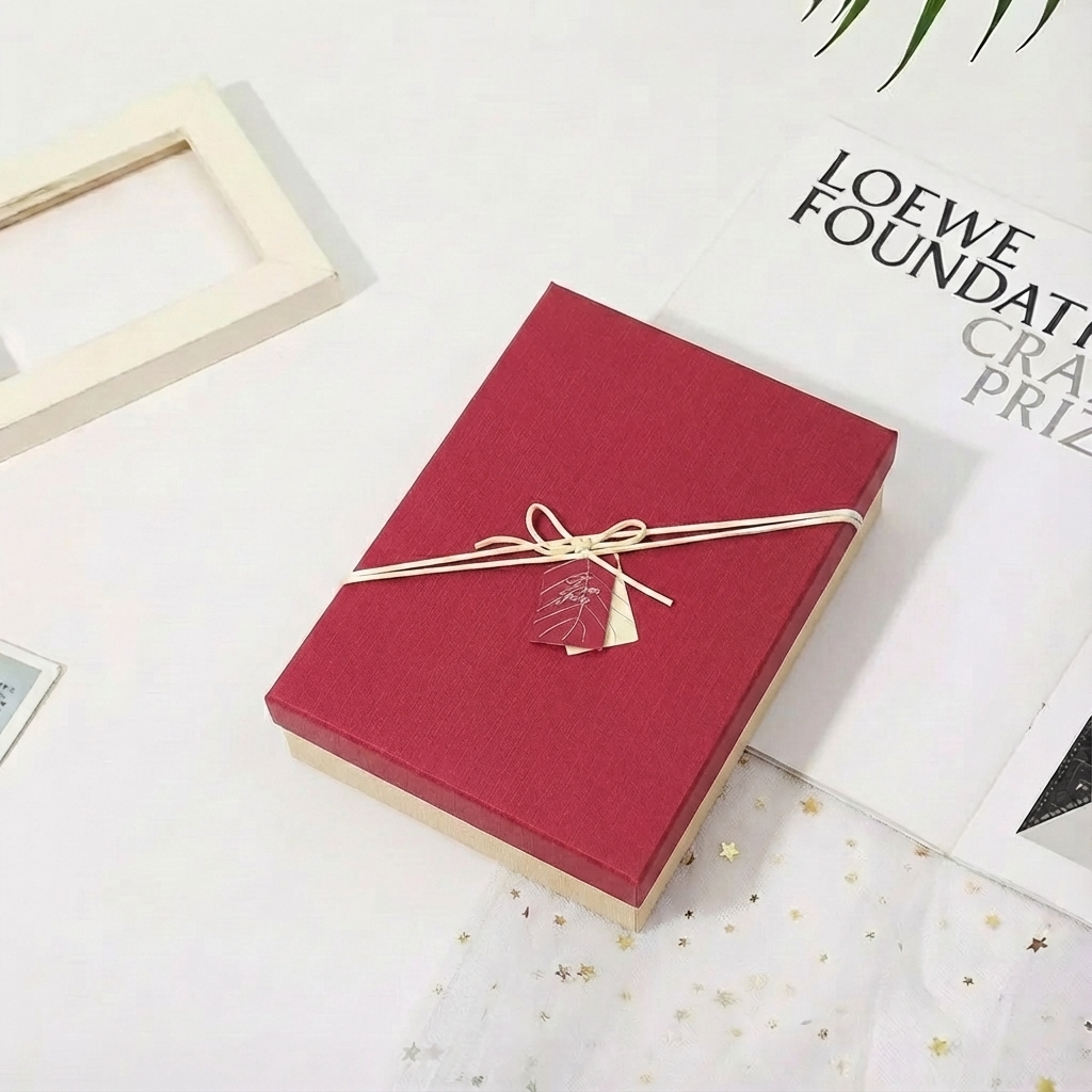 5pc, Red Beige Two-Piece Lid Rigid Gift Box w/ Tag