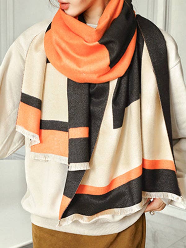 Soft Cashmere Blend Striped Shawl Scarf with Color Block Detail