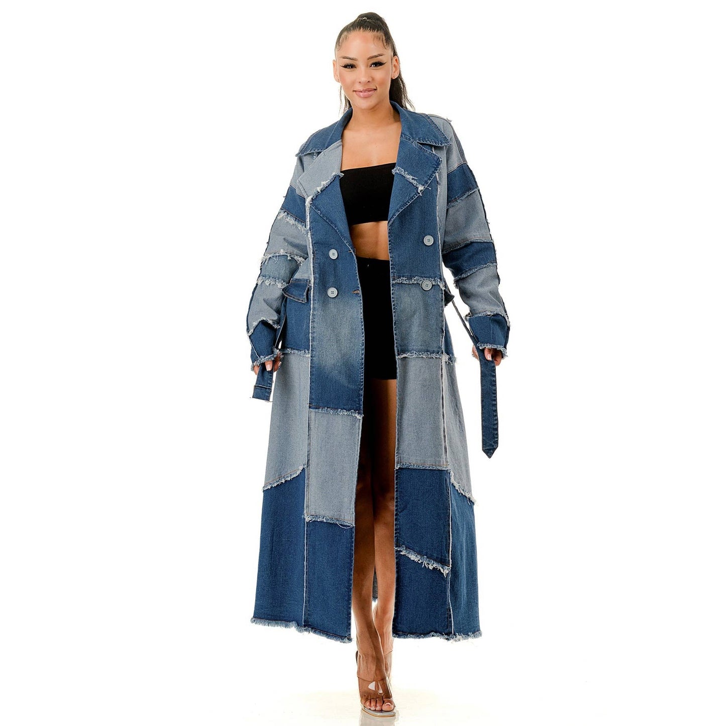 Plus Patchwork Oversized Denim Trench Coat