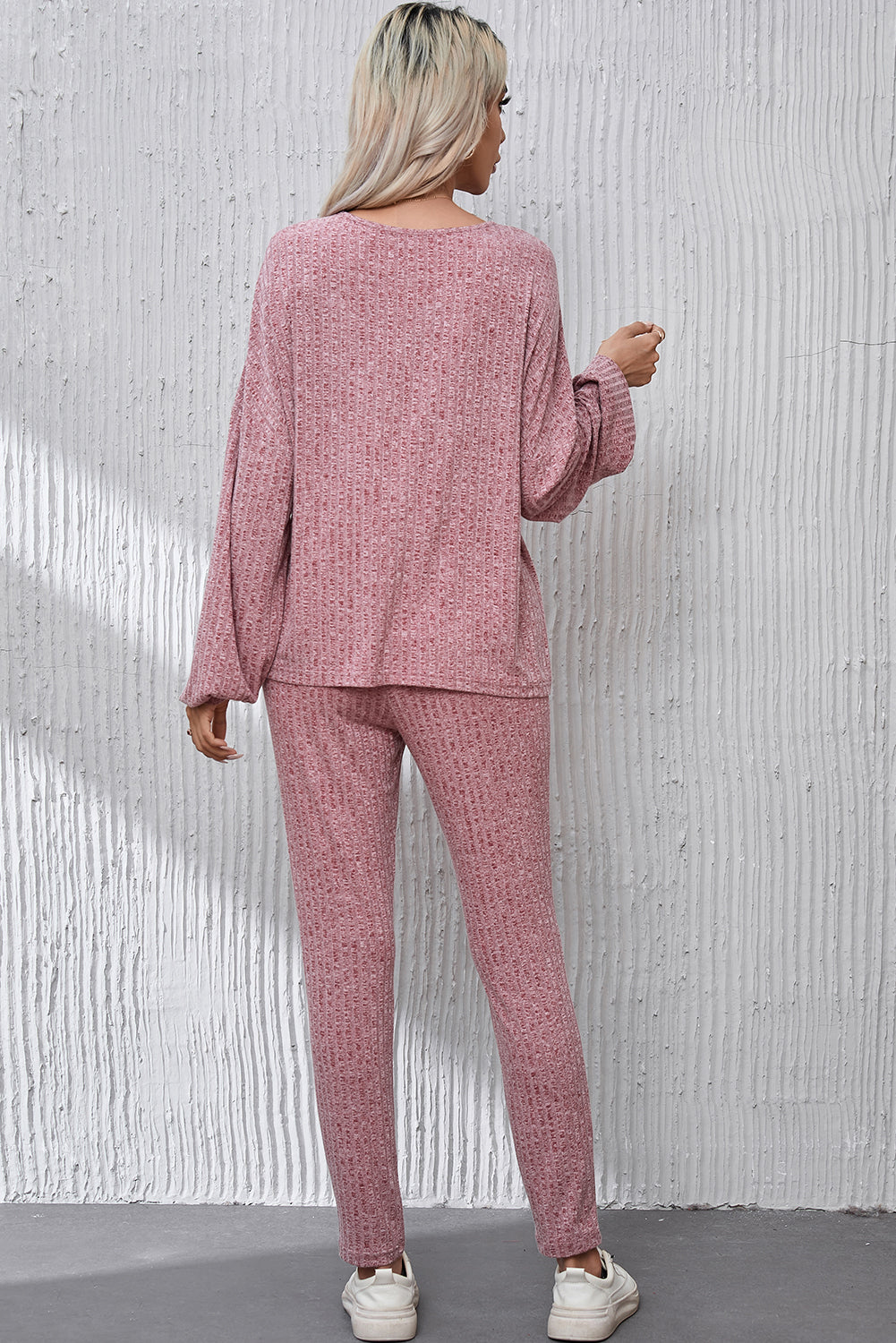 Peach Blossom Ribbed Drop Shoulder Top and Knot Waist Leggings Set