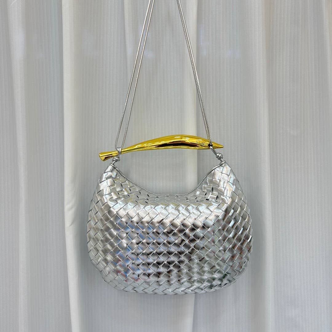 Woven handbag with Gold Metal Handle Bar