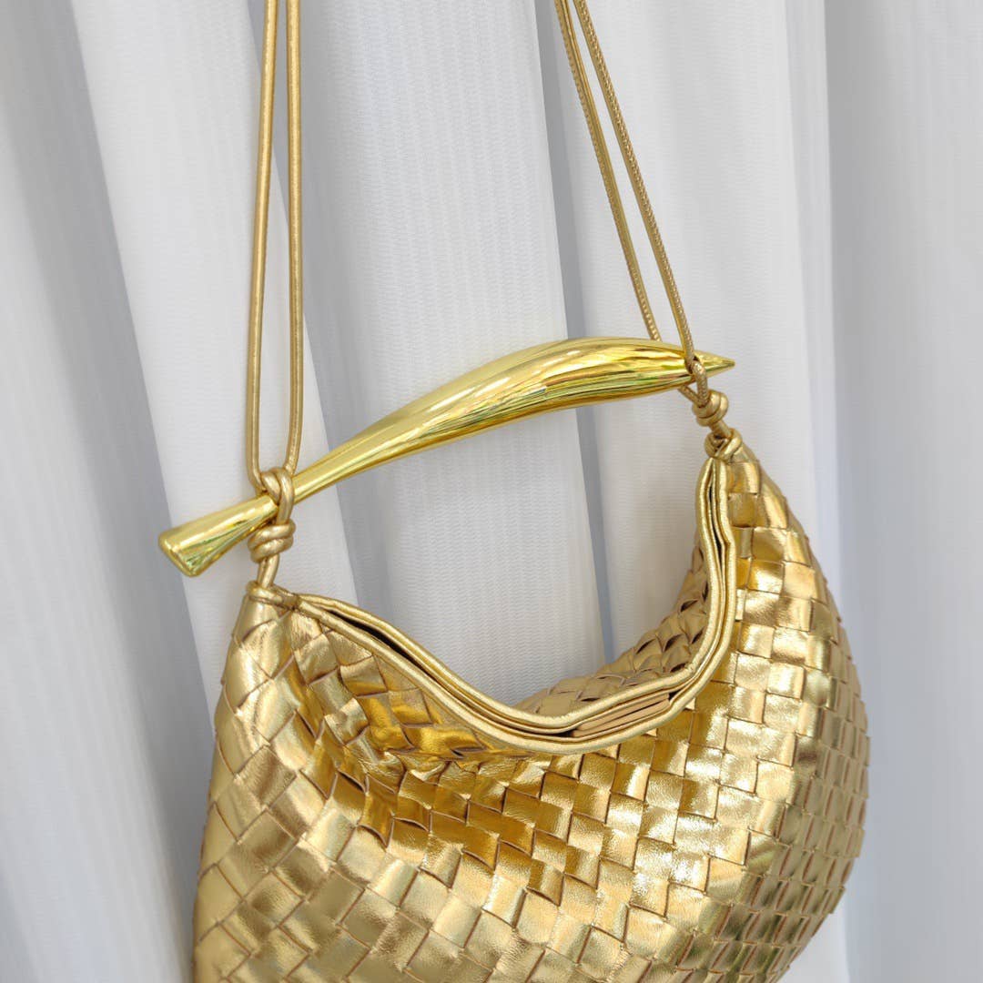 Woven handbag with Gold Metal Handle Bar