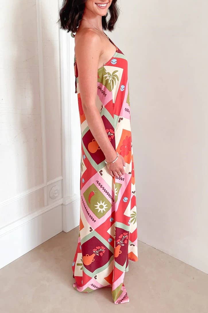 2025 Malia checkered Tropical tie straps one shoulder dress