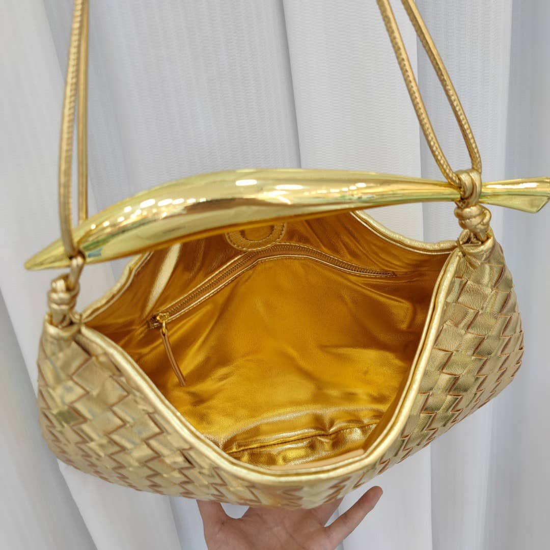 Woven handbag with Gold Metal Handle Bar