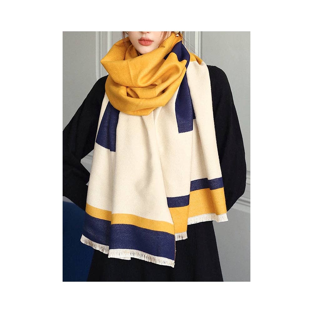 Soft Cashmere Blend Striped Shawl Scarf with Color Block Detail