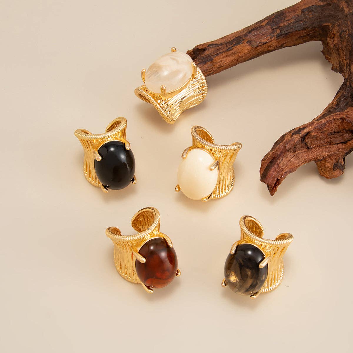 Geometric Resin Gemstone Open Ring Trendy Wide Band