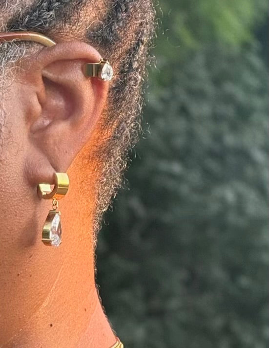 Earring 18K Gold Non-Tarnish Pear Crystal Cuffs