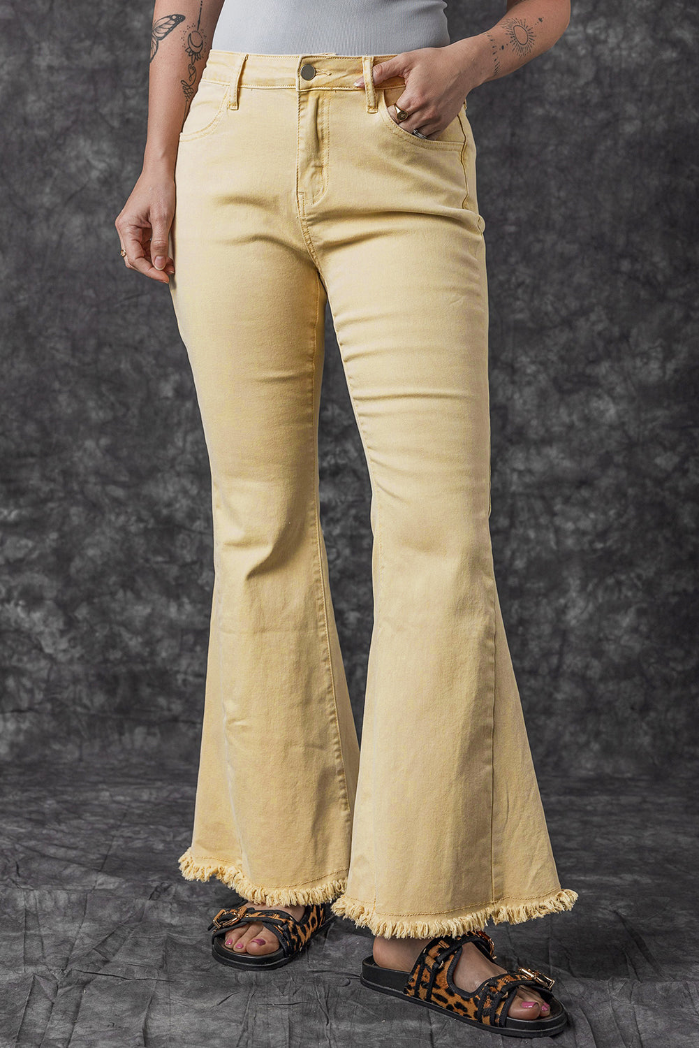 IN STORE & ONLINE Khaki Raw Edge Mid Waist Flared Jeans