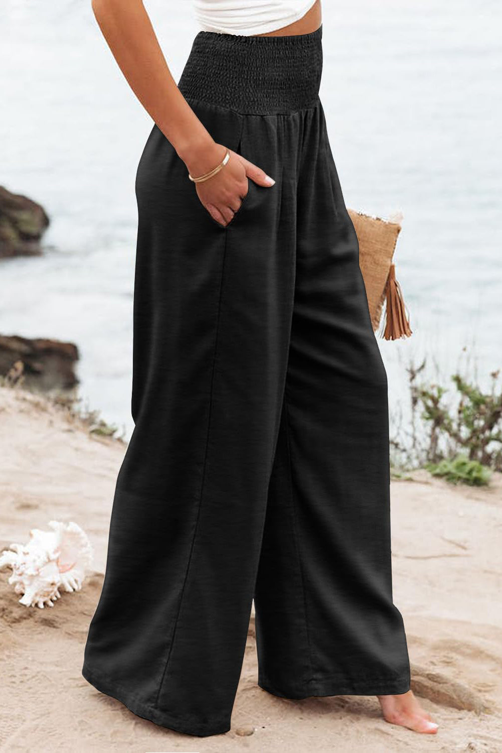 IN STORE & ON LINE Black Shirred High Waist Plus Size Wide Leg Pants