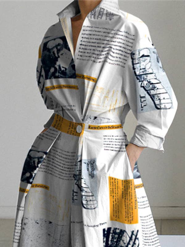 Newspaper Print Pleated Tied Waist Long Sleeves Loose Lapel Shirt Dress Midi Dresses