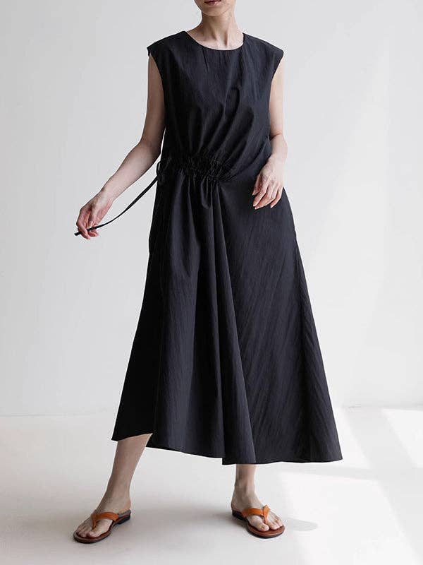 Asymmetric Drawstring Pleated Solid Color Tied Loose Sleeveless Round-Neck Midi Dresses