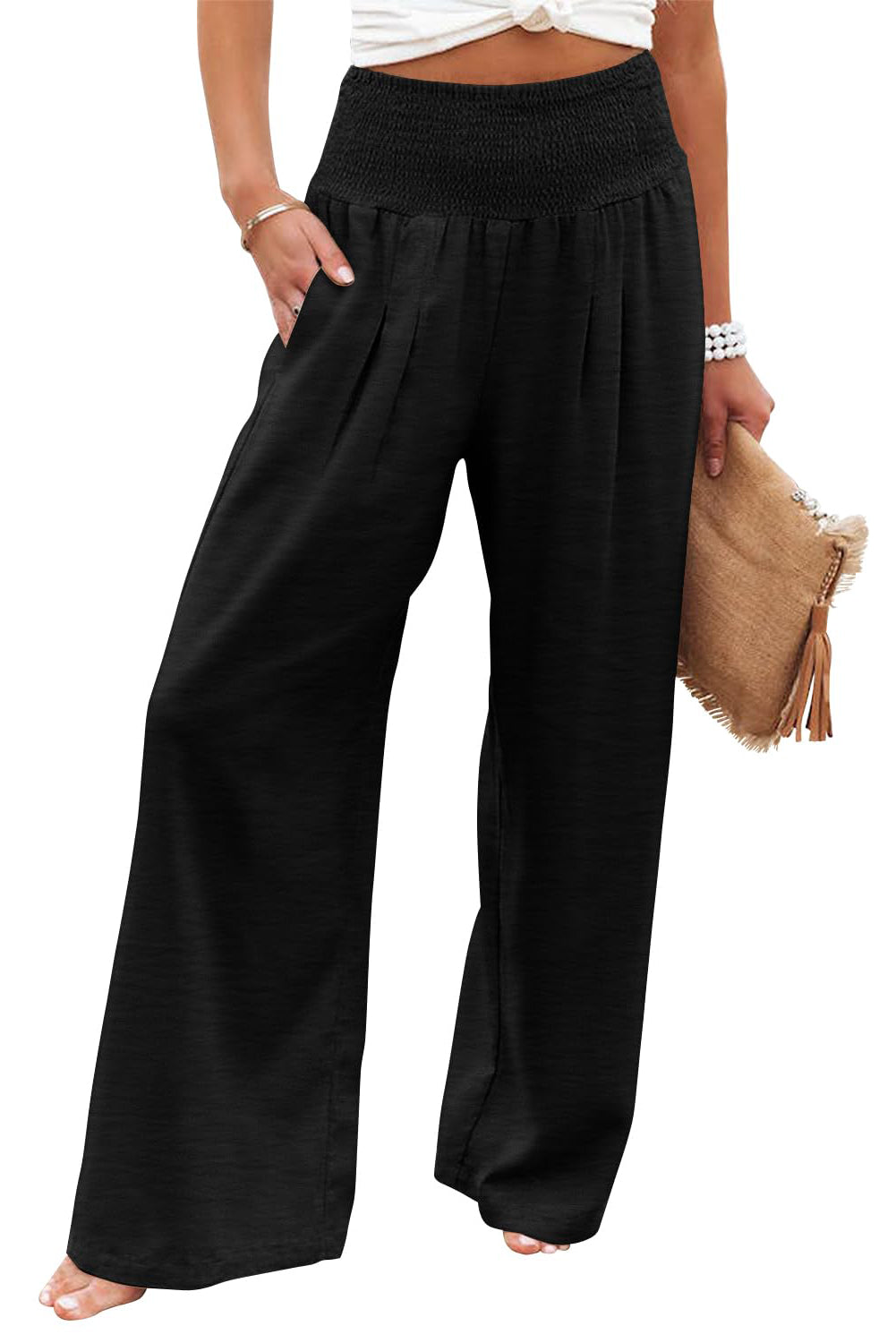 IN STORE & ON LINE Black Shirred High Waist Plus Size Wide Leg Pants