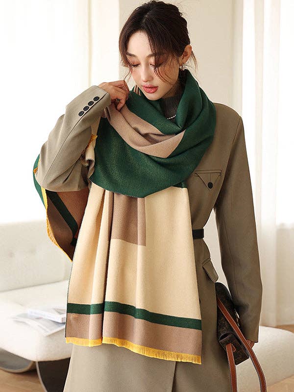 Soft Cashmere Blend Striped Shawl Scarf with Color Block Detail