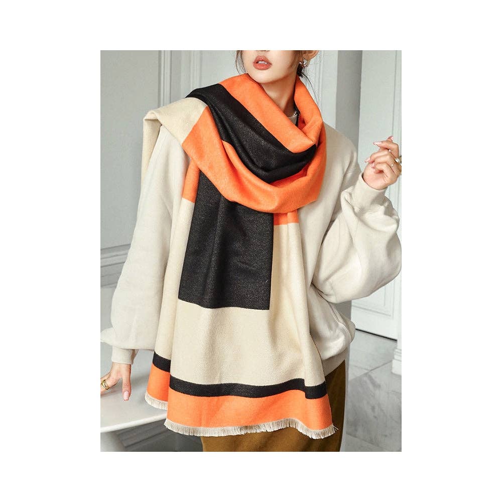 Soft Cashmere Blend Striped Shawl Scarf with Color Block Detail