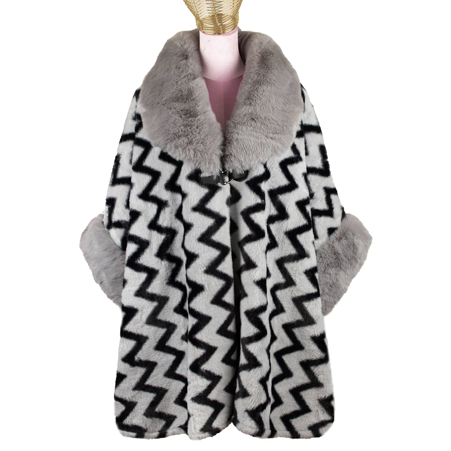 AVAILABLE IN STORE ONLY - Poncho with Zigzag Pattern and Faux Fur Collar in Grey