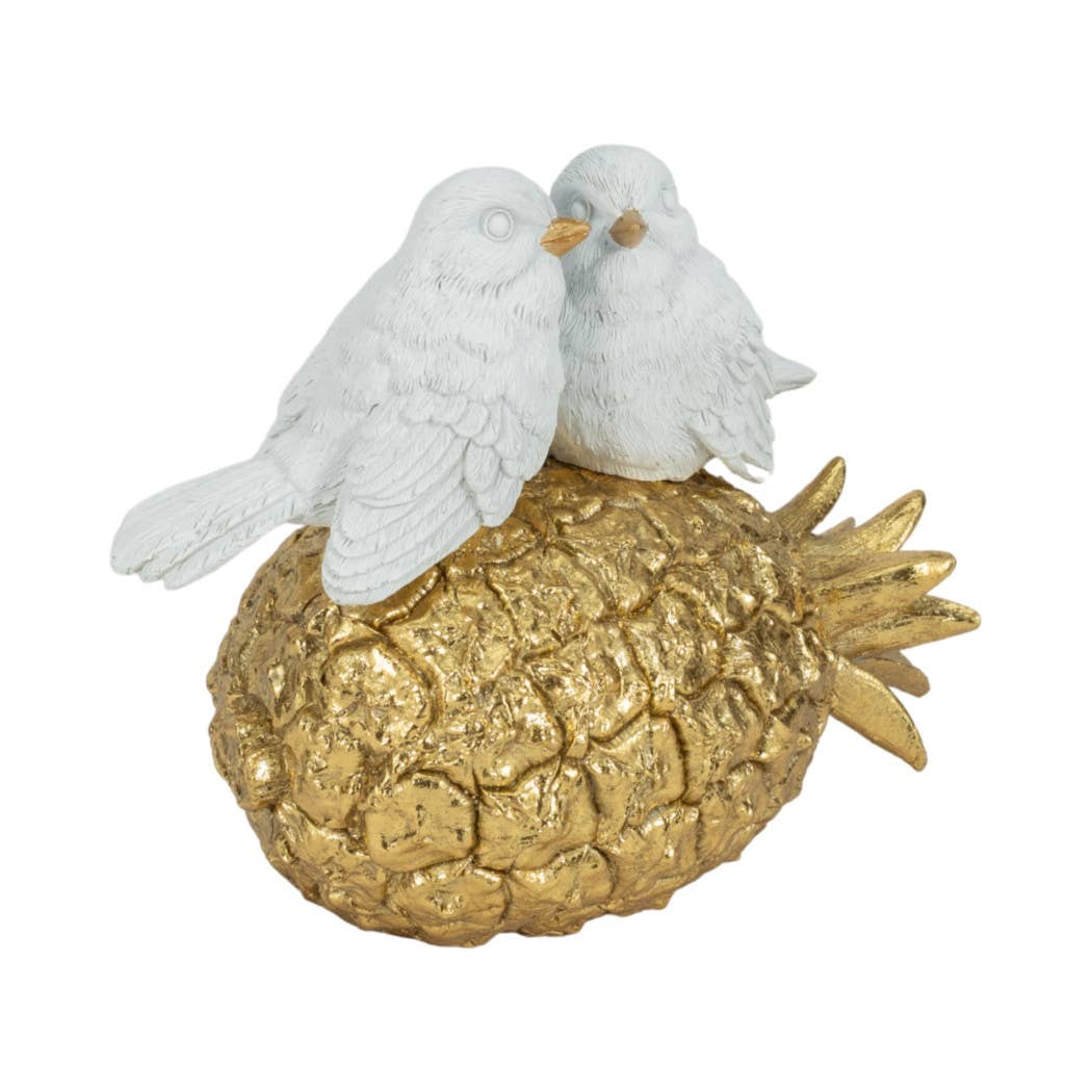White/Gold 8 in. Resin Kissing Birds on Pineapple Figurine