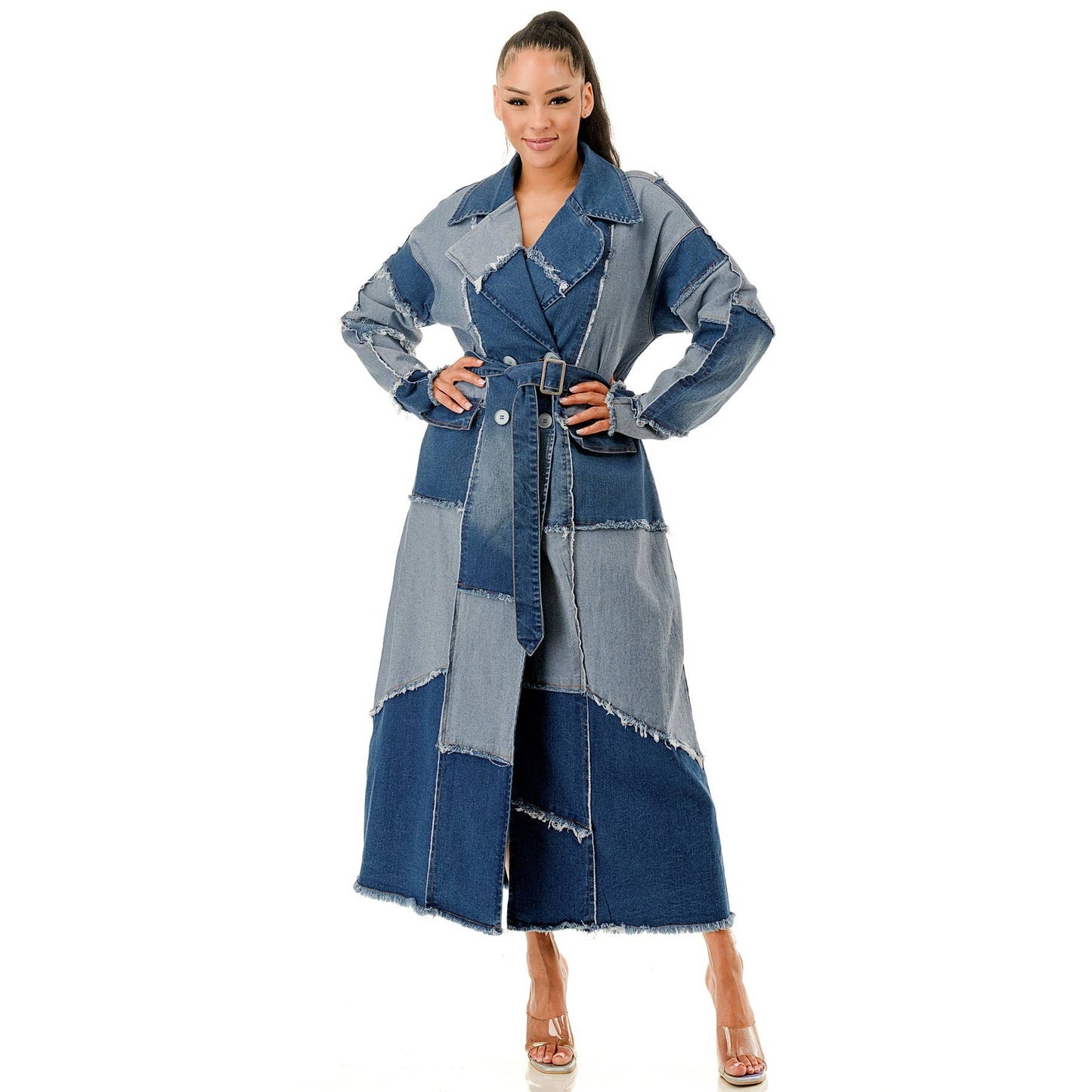 Plus Patchwork Oversized Denim Trench Coat