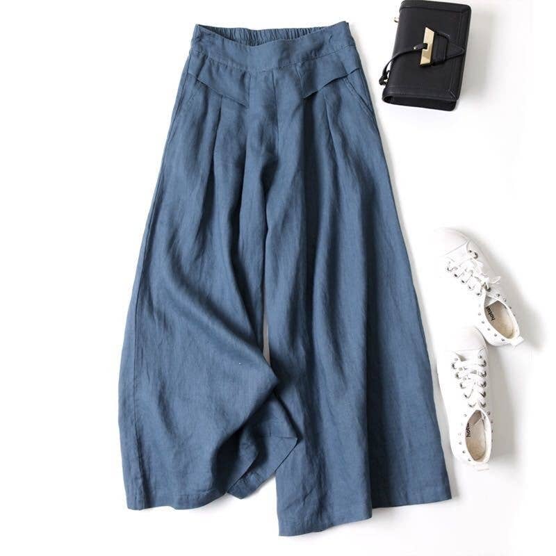 IN STORE ONLY - Solid Color Half Elastic Waist Wide Leg Ramie Cotton Pants