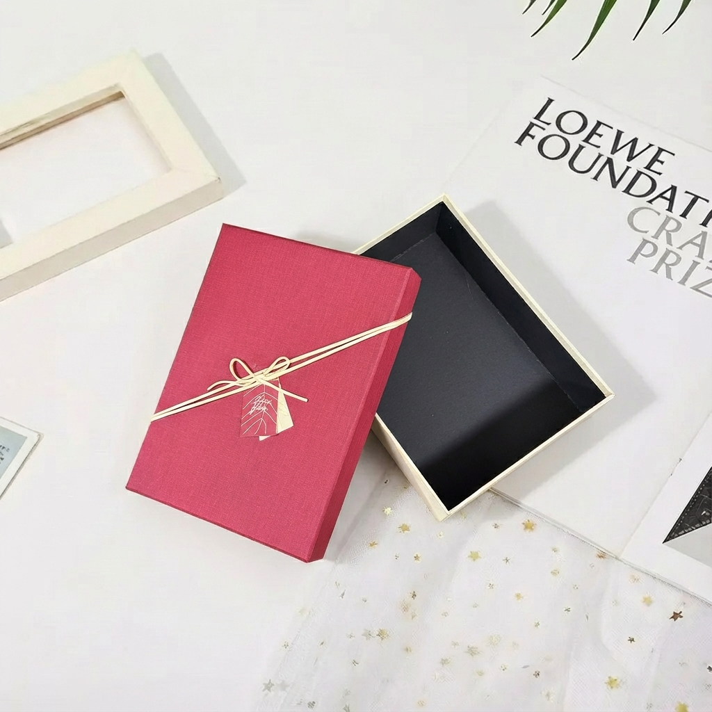 5pc, Red Beige Two-Piece Lid Rigid Gift Box w/ Tag