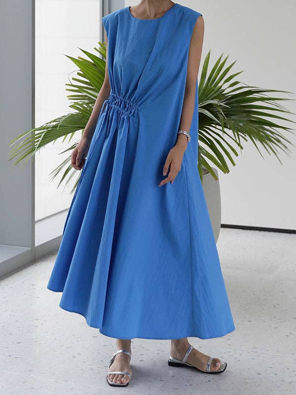 Asymmetric Drawstring Pleated Solid Color Tied Loose Sleeveless Round-Neck Midi Dresses