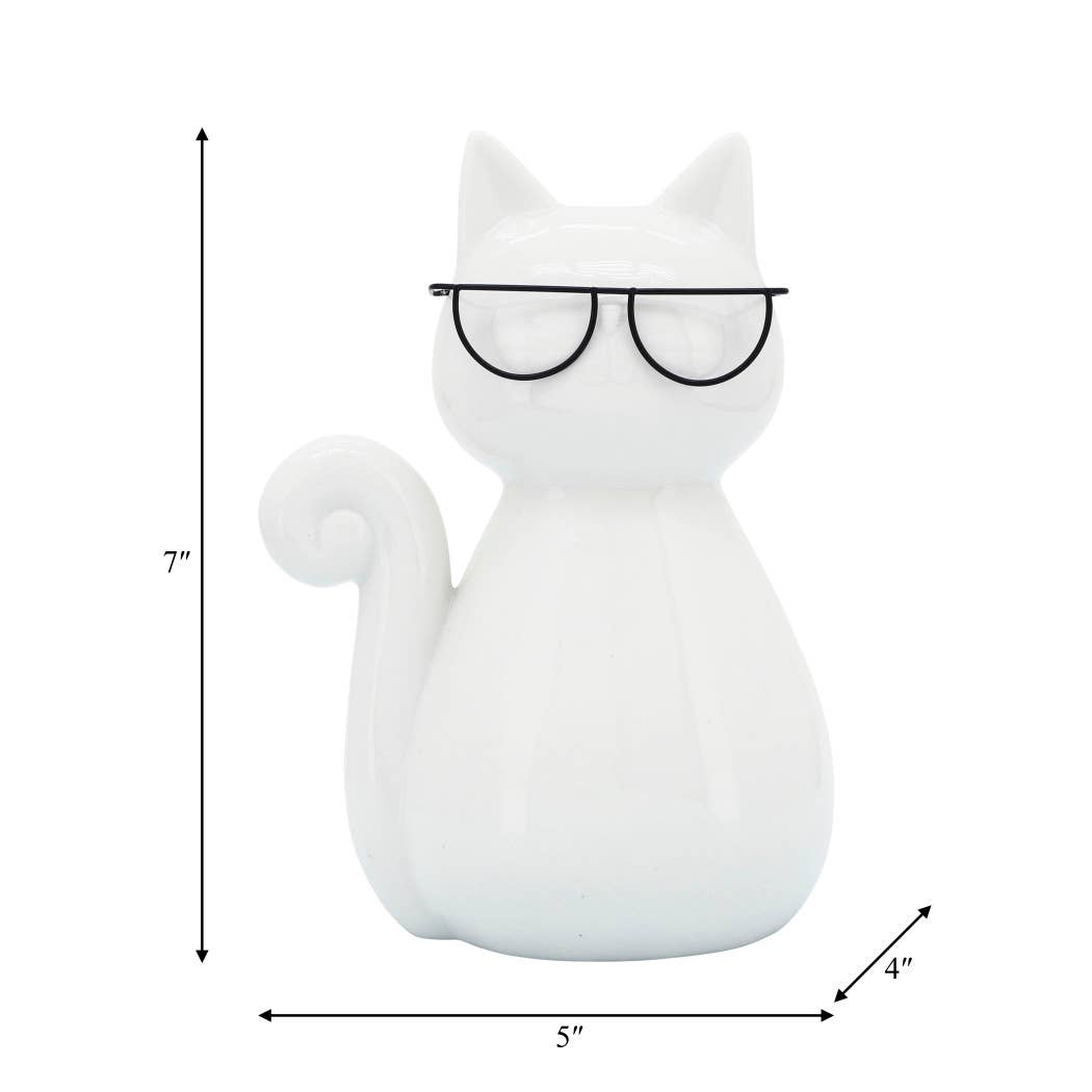 Porcelain Modern Cat with Glasses Figurine - White, 7 in.