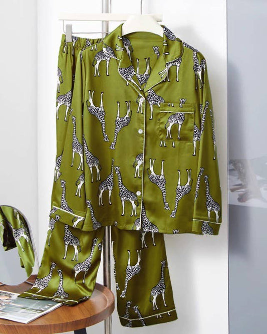 Satin Cozy Giraffe Animal Print Long Sleeve Pajama Set