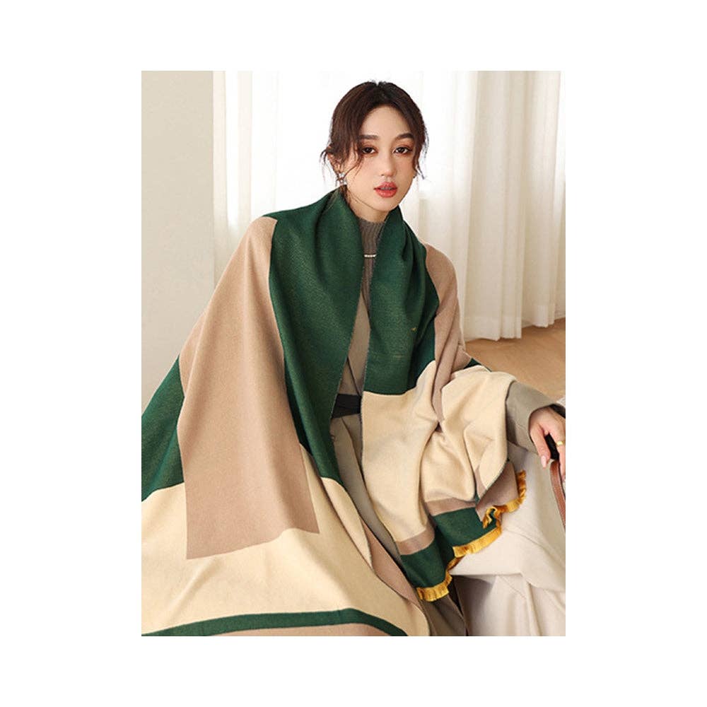 Soft Cashmere Blend Striped Shawl Scarf with Color Block Detail