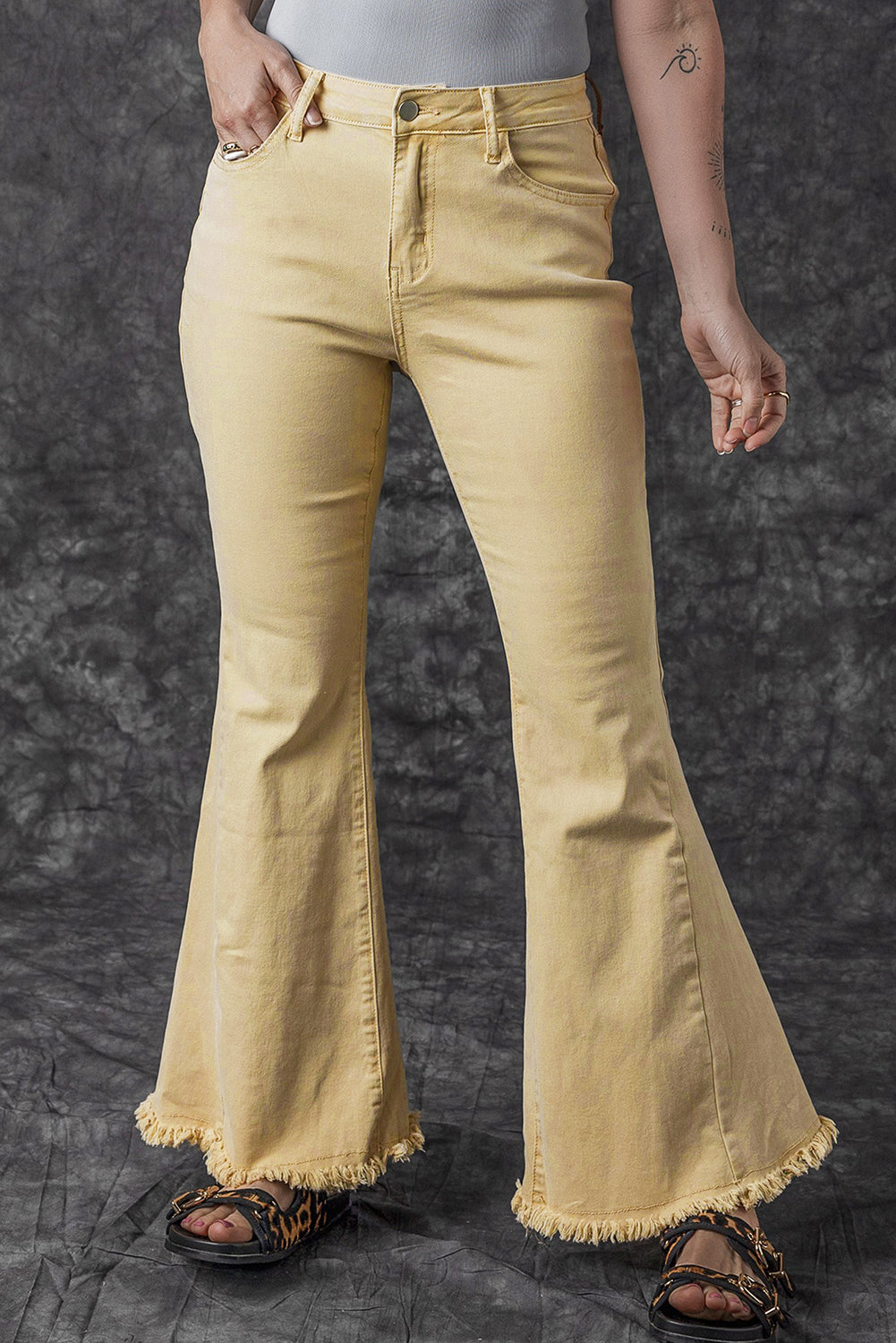 IN STORE & ONLINE Khaki Raw Edge Mid Waist Flared Jeans