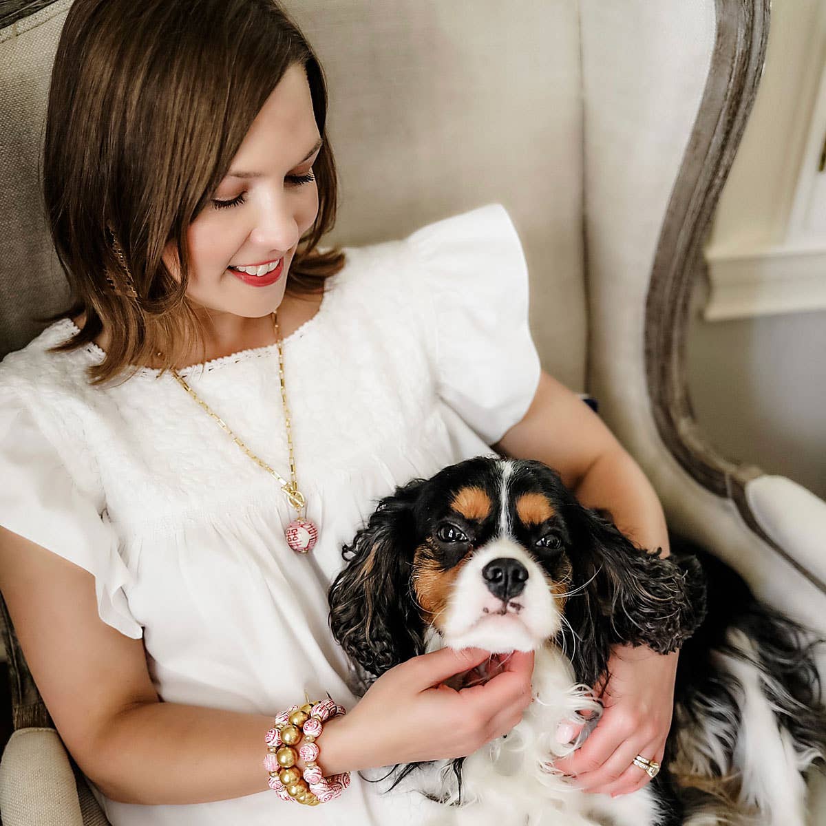 IN STORE ONLY - Laurel Chinoiserie T-Bar Necklace in Pink & White