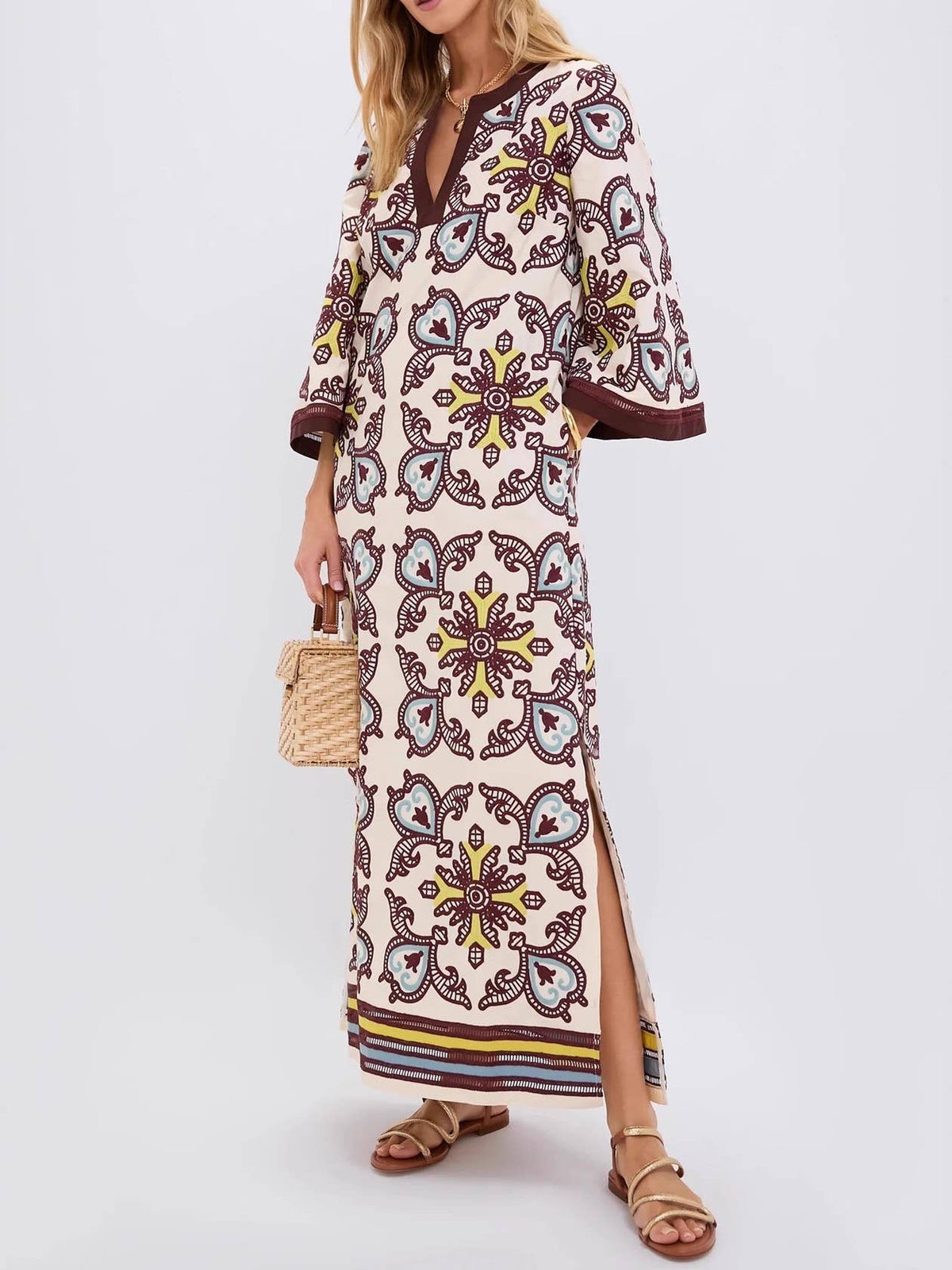 Resort Ethnic Print Split V-Neck Puff Sleeve Caftan Dress