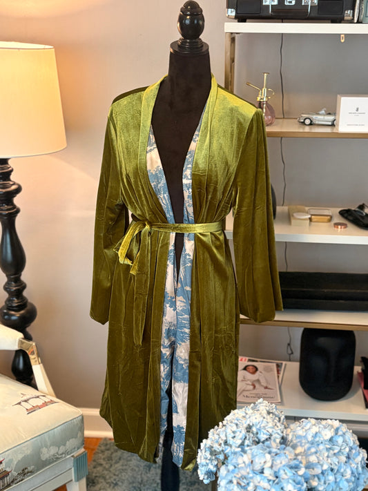 Velvet Long Belt Satin Printed Cardigan