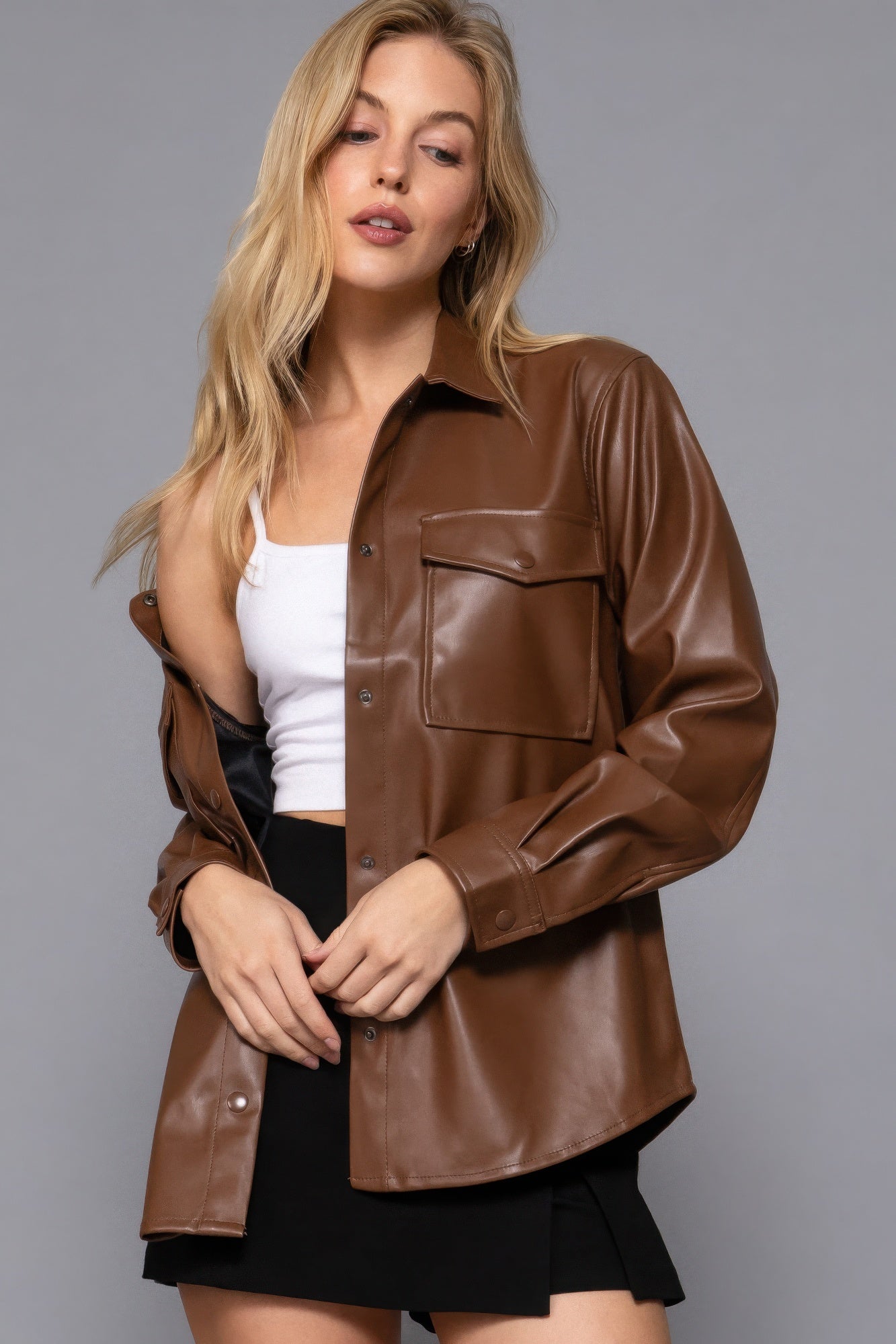 Long Slv Faux Leather Shacket