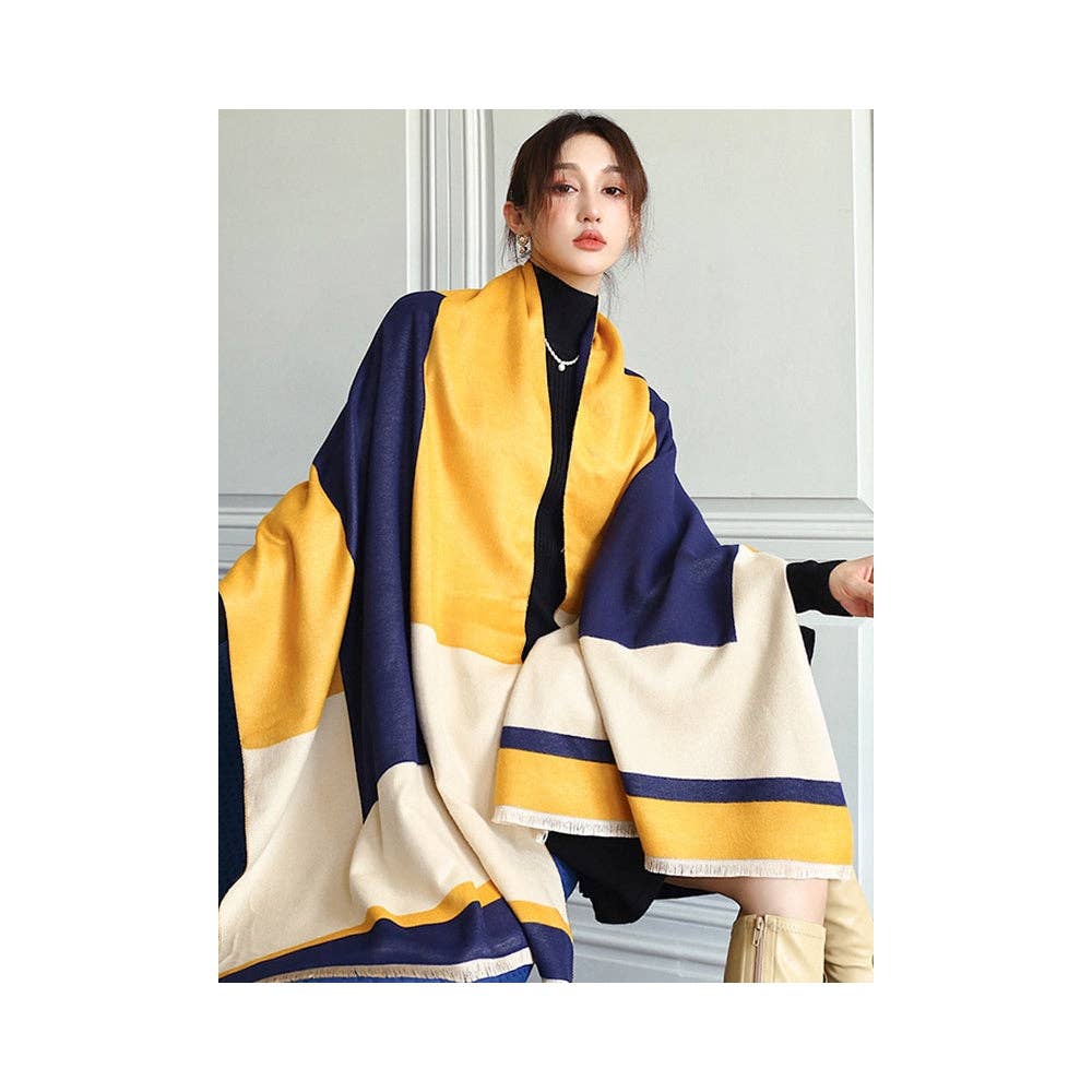 Soft Cashmere Blend Striped Shawl Scarf with Color Block Detail